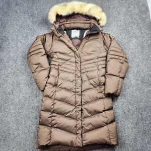 Lole Down Parka Coat Womens 4 Brown Fur Trim Hooded Long Puffer Jacket